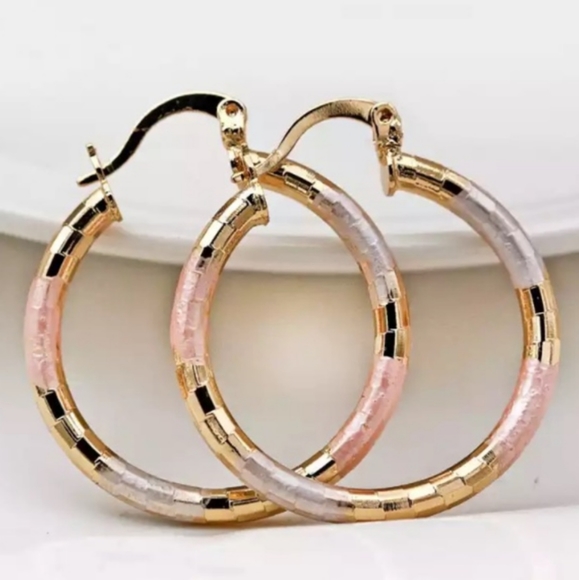 Tri Tone Classy Diamond Cut Hoop Earrings Ear Ring - Picture 4 of 4